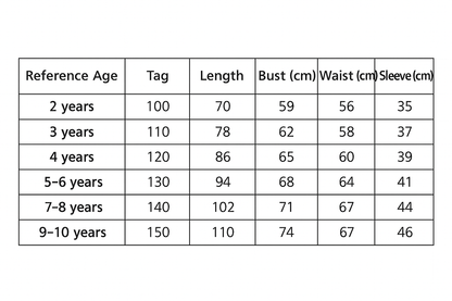 Midnight Bloom Butterfly Dress size chart with age, height in cm, US and EU sizes – Magic Tree Kids