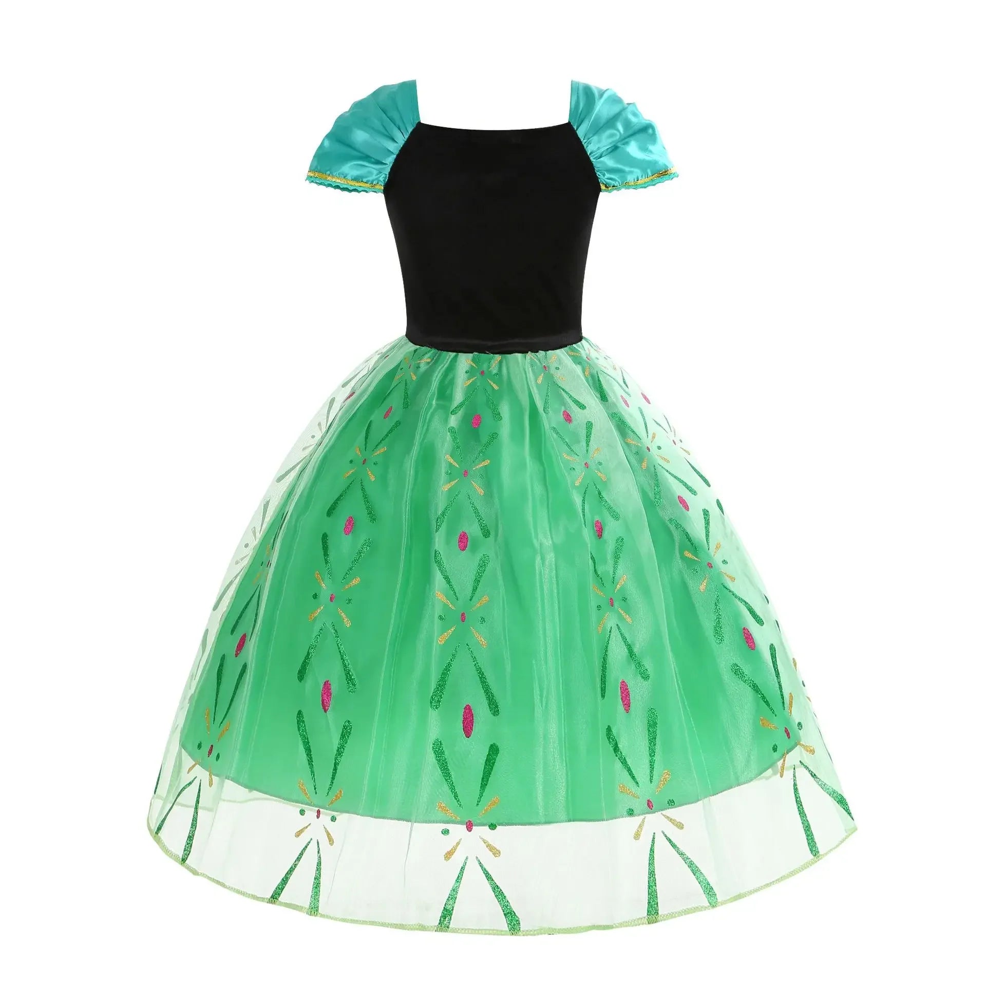 Close up of green princess dress bodice with shimmer detail and short sleeves for girls party costume