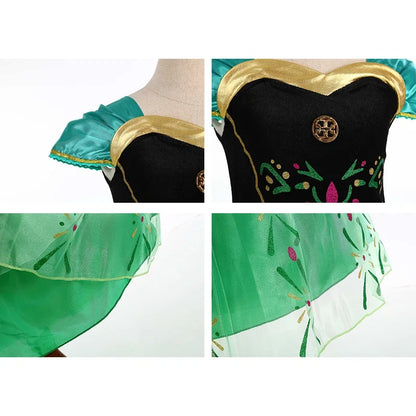 Ankle length ball gown princess dress for girls in enchanting green tones, ideal for fancy dress and celebrations