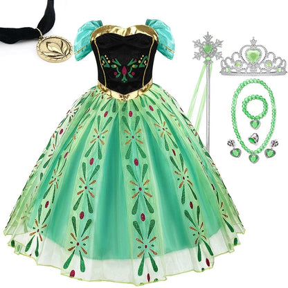 Magic Tree Kids ice queen inspired girls party dress shown with princess accessories in green and sparkle