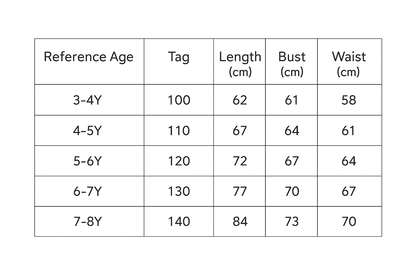 Ocean Dream princess costume size chart with age, height in cm, US and EU sizes – Magic Tree Kids