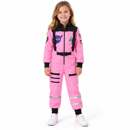 Girl wearing pink astronaut space explorer costume with matching cap from Magic Tree Kids