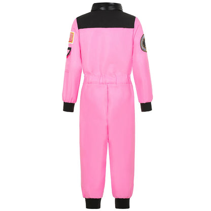 Girls' pink space pilot costume with adjustable shoulder straps and accent stripes