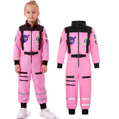 Girl posing in pink astronaut cosplay costume by Magic Tree Kids