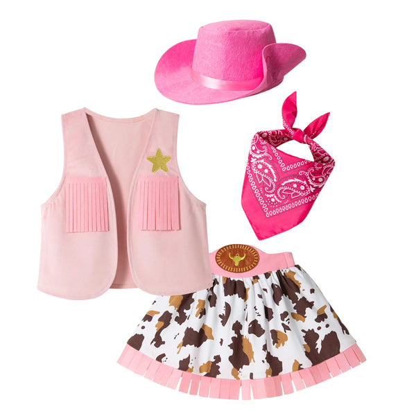 Pink cowgirl western dress-up set with fringe vest, cowgirl hat and bandana from Magic Tree Kids
