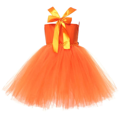 Girls' pumpkin witch costume with layered tulle skirt for trick-or-treating
