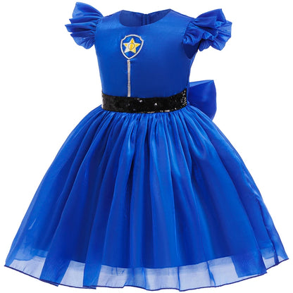Blue and white cartoon pup tutu dress-up dress for little girls