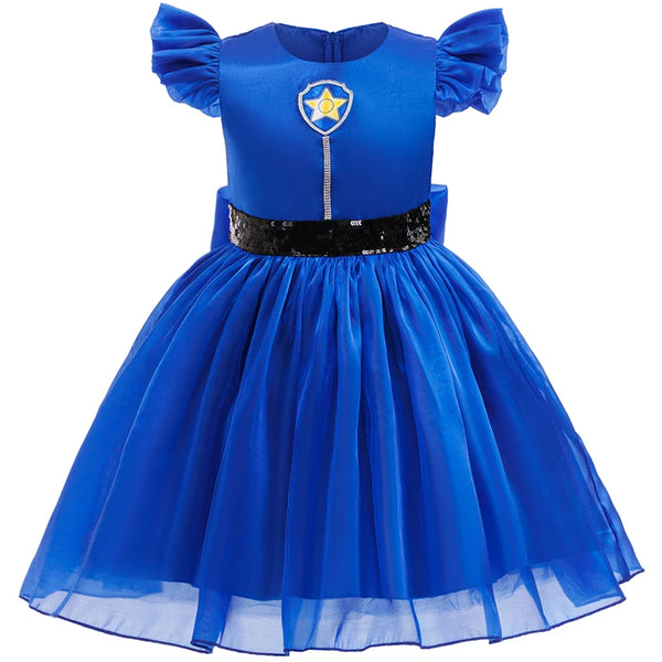 Close-up of flutter sleeves and cartoon puppy detail on blue tutu costume dress