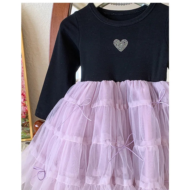 Lilac princess dress with tiered mesh skirt and A-line silhouette