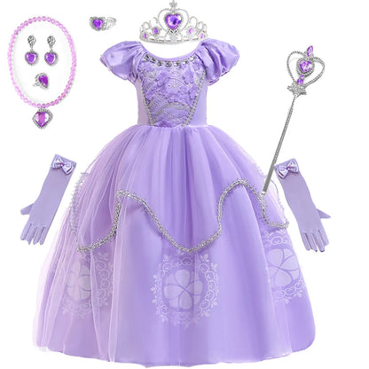 Purple princess ball gown for girls by Magic Tree Kids with puff sleeves