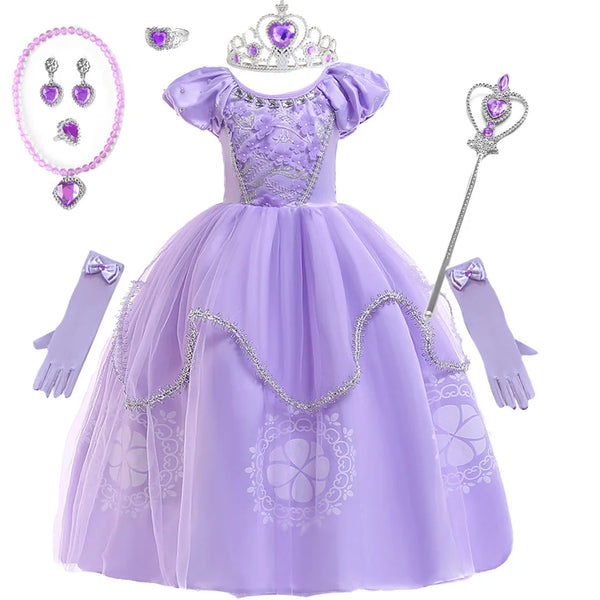 Purple princess ball gown for girls by Magic Tree Kids with puff sleeves