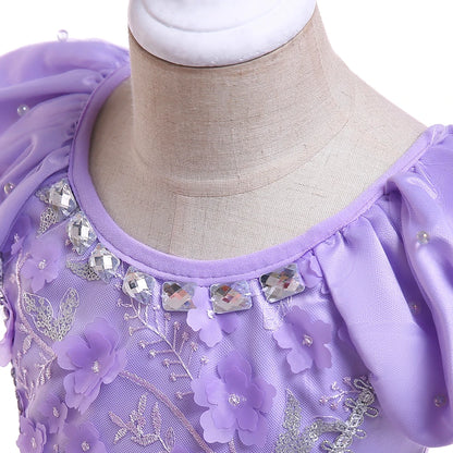 Full purple ball-gown skirt detail on girls' princess costume dress