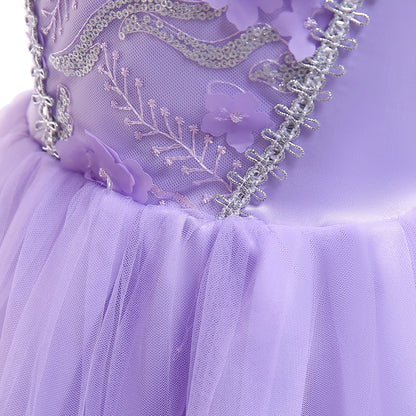 Purple princess gown with lace-inspired trim for little girls