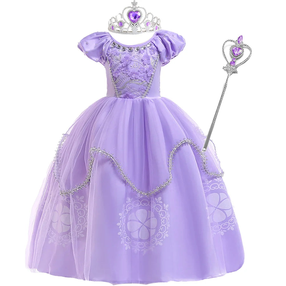 Ankle-length purple princess dress for birthdays and dress-up play
