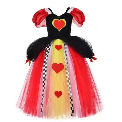 Queen of Hearts tutu dress for girls in red, black and gold with puff sleeves