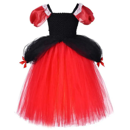 Long ball-gown tutu dress with heart motifs and tiered skirt for girls