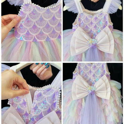 Rainbow Mermaid princess dress for girls, back view – Magic Tree Kids
