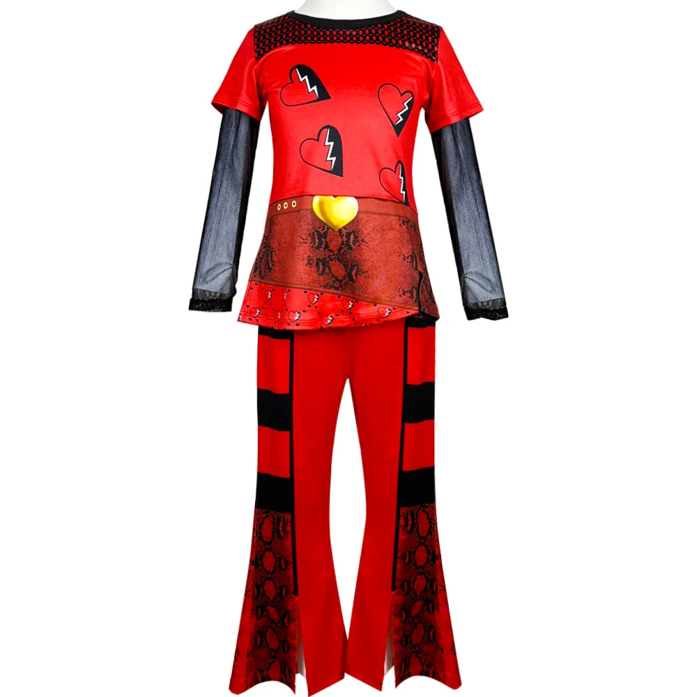 Girl wearing bold red and black rebel princess costume dress