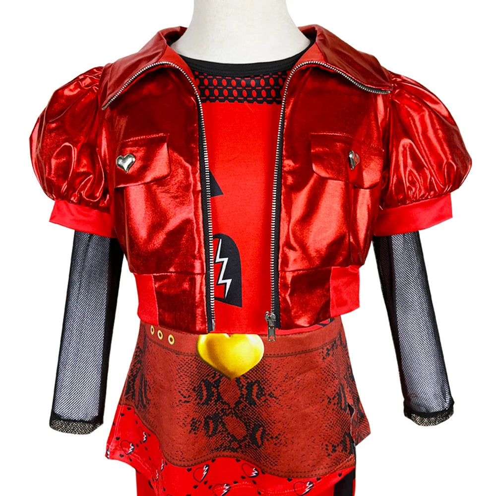 Dramatic red costume dress with layered story-book skirt for dress up