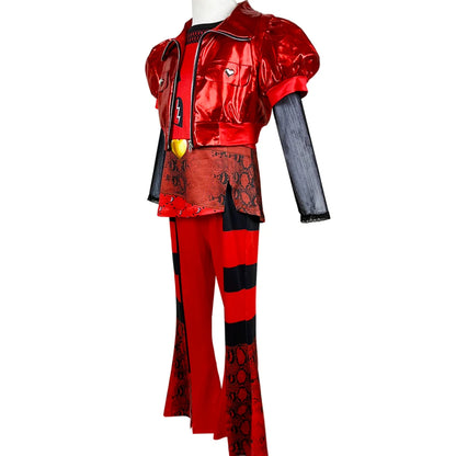 Edgy red and black girls' Halloween costume dress twirling