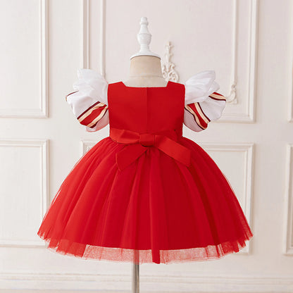 Red heart-print ball-gown dress with patchwork appliqué details