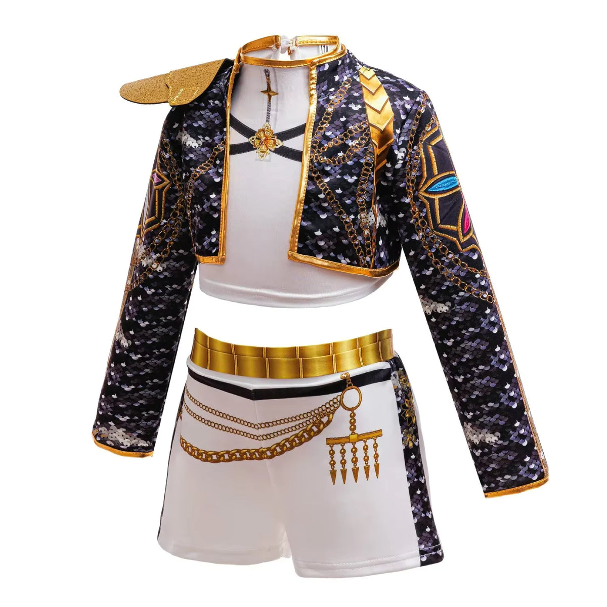 White and gold majorette-style stage costume set for girls