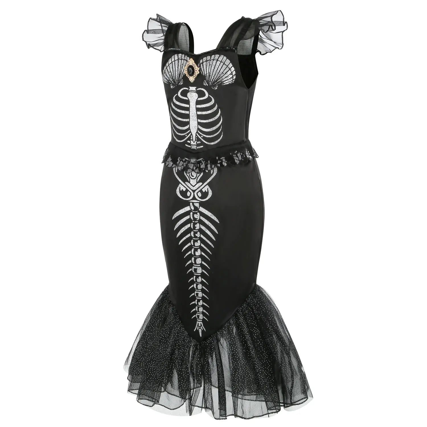 Ankle-length mermaid dress-up costume with flared tail silhouette