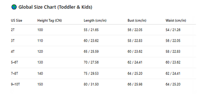 Sea Star princess costume size chart with age, height in cm, US and EU sizes – Magic Tree Kids
