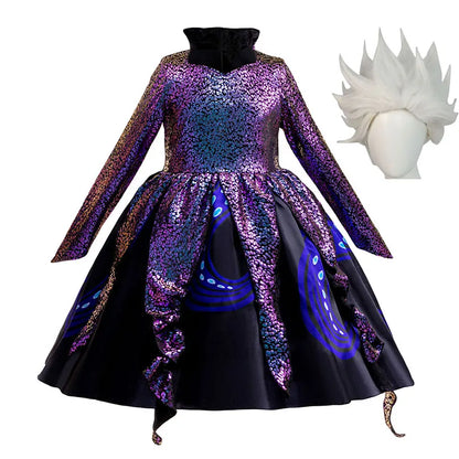 Girls' sea witch costume dress in bold black with wig from Magic Tree Kids