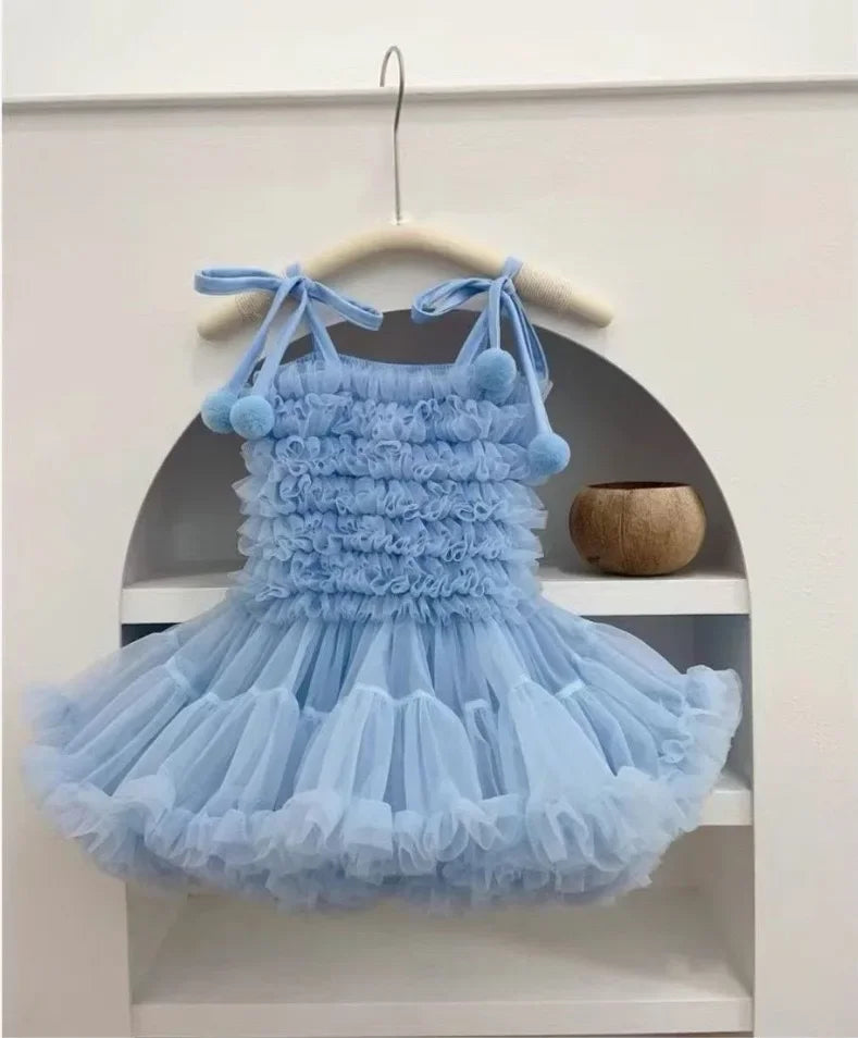 Blue Ruffle Pompom Tutu Dress