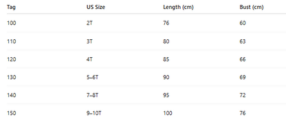 Snow Dream Queen costume size chart with age, height in cm, US and EU sizes – Magic Tree Kids