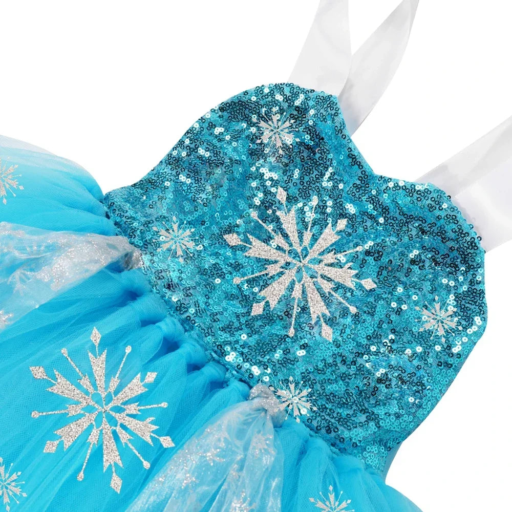 Snowflake-inspired appliqués on the sleeveless ice princess dress