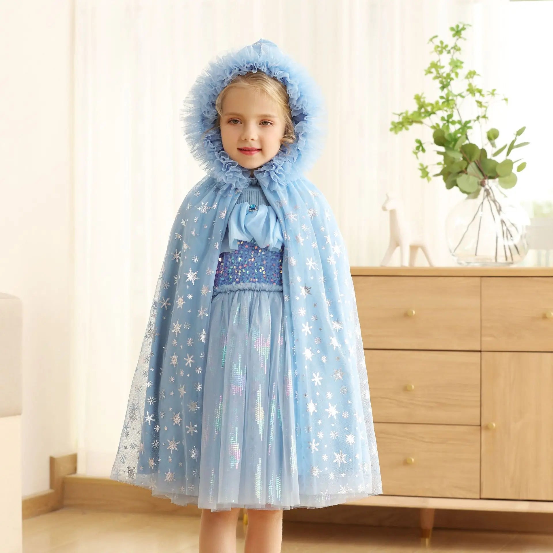 Snowflake Sparkle hooded cape for girls, front view – Magic Tree Kids