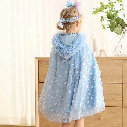 Snowflake Sparkle hooded cape for girls, back view – Magic Tree Kids