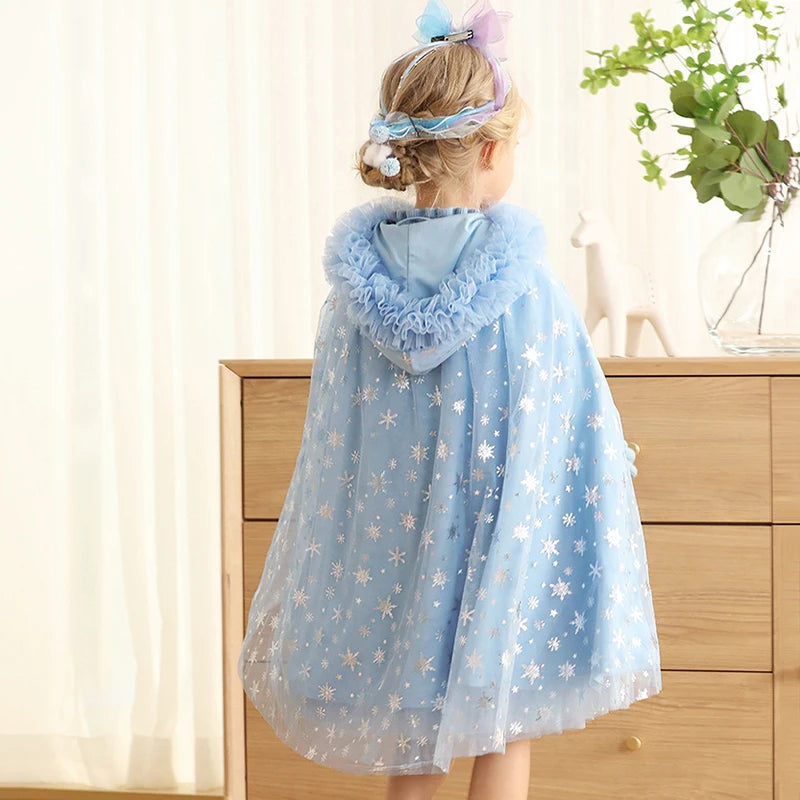 Snowflake Sparkle hooded cape for girls, back view – Magic Tree Kids