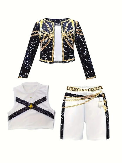 Shiny printed pop-star performance jacket for girls in bold color-block style