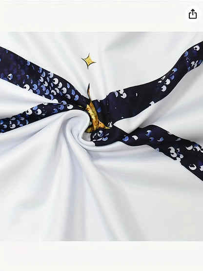 Close-up of the shiny color-block print detail on the girls' performance set