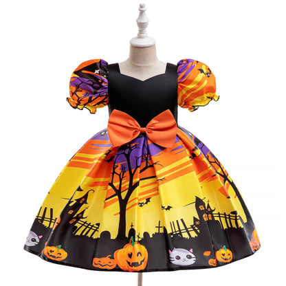 Girls' Halloween witch ball gown dress with bat, spider and pumpkin print by Magic Tree Kids