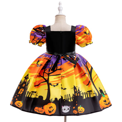 Spooky Halloween dress for girls with twirl-ready skirt and playful bat print detail