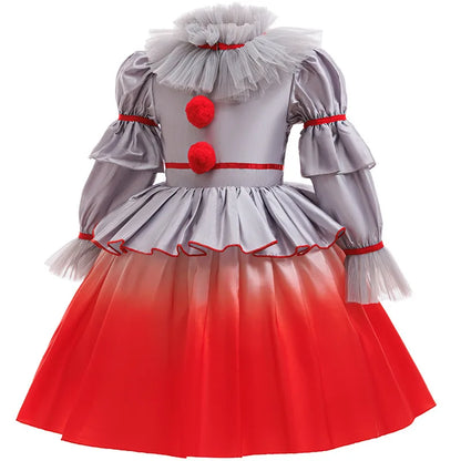 Clown costume dress showing ruffle trims and puff sleeves
