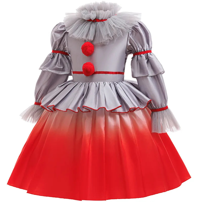 Clown costume dress showing ruffle trims and puff sleeves