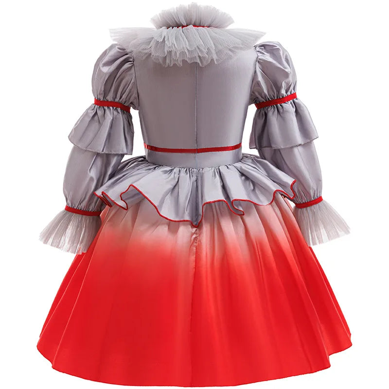 Full-length Halloween clown dress with patchwork-inspired print for girls