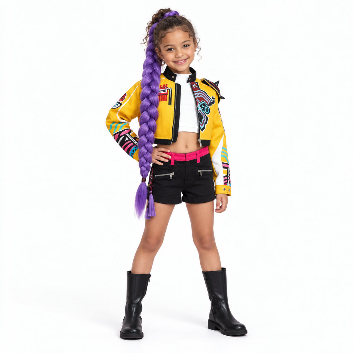 White and gold majorette dance costume with epaulets and chain skirt
