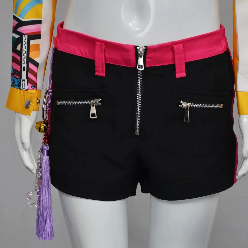 Spiked orange and pink streetwear stage costume set with denim-style shorts