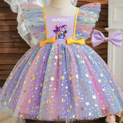 Girls' Star Idol sequin party dress with tutu skirt and ribbon bow by Magic Tree Kids