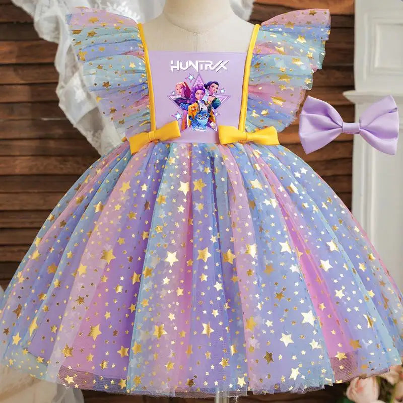 Girls' Star Idol sequin party dress with tutu skirt and ribbon bow by Magic Tree Kids