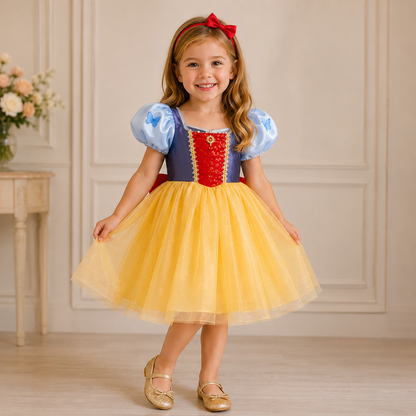 Girls' princess ball-gown dress with delicate butterfly mesh bubble sleeves and sweet rounded neckline by Magic Tree Kids