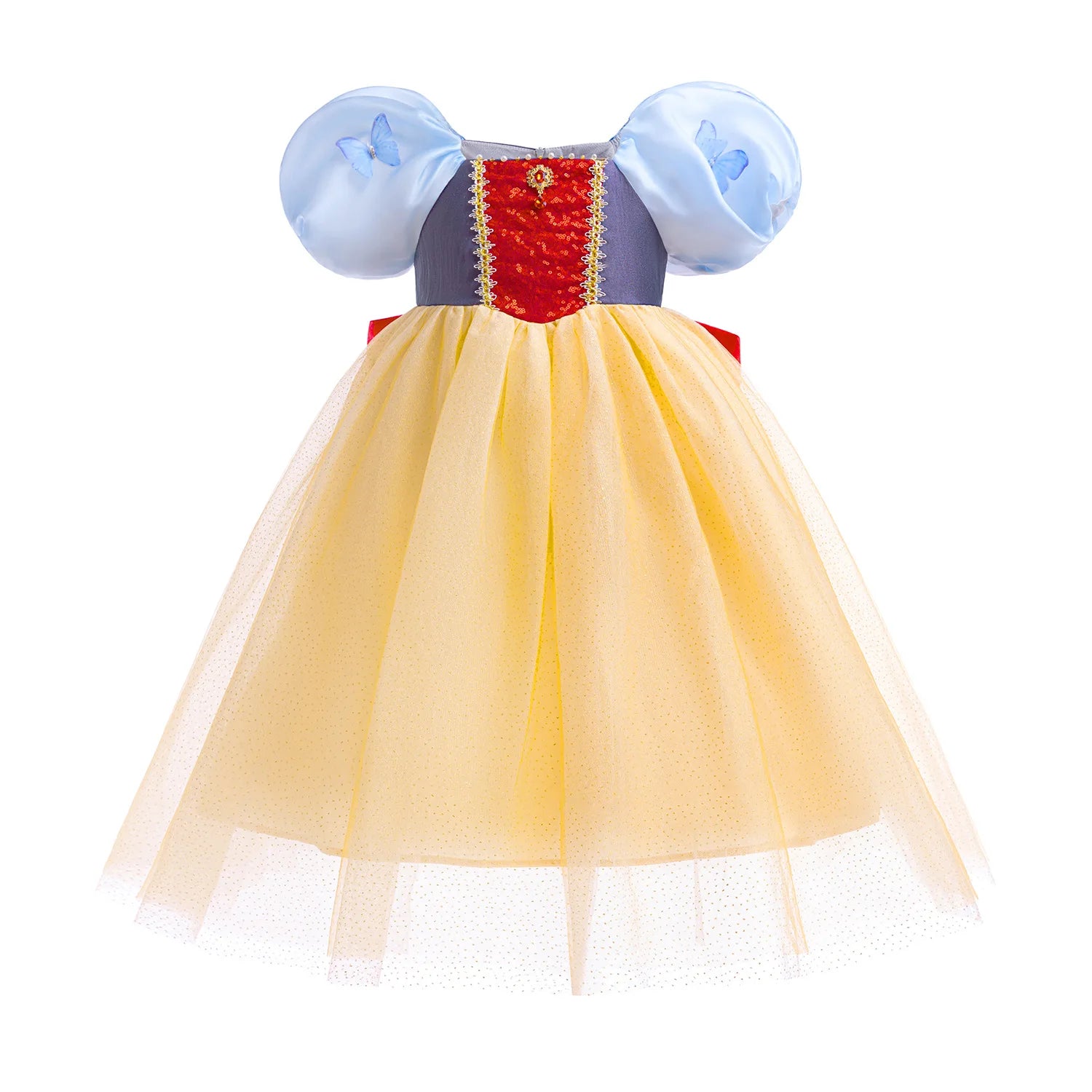 Little girl twirling in classic princess ball gown with fluttering butterfly sleeves