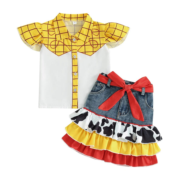 Girls' cow plaid skirt set with flutter-sleeve top and matching headband by Magic Tree Kids