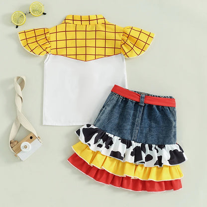 Plaid flutter-sleeve top paired with patchwork denim skirt for girls